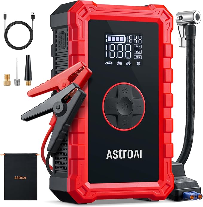 AstroAI S8 Air Jump Starter with Air Compressor,3000A Peak Car Battery Jump Starter Portable (9.0 Gas/6.5L Diesel) with 150PSI Cordless Auto-Shutoff Tire Inflator, 12V Battery Charger Booster(Red)