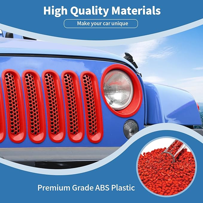 for Jeep JK Front Grille Inserts & Headlight Cover Trim Ring for Jeep Wrangler JK JKU 2007-2017 Red Exterior Accessories 9pcs