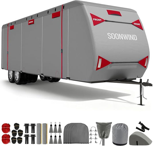 Heavy Duty 7 Layers RV Cover, Camper Cover & Travel Trailer Cover 24-27ft, Waterproof Windproof All-Weather Protection with Tongue Jack Cover, Gutter Covers & Reinforced Straps - Red