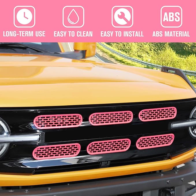 Jimen Compatible with Ford Bronco 2021-2023, 6PCS Front Grille Inserts Mesh Grill Cover Exterior Trim Accessories (Pink)