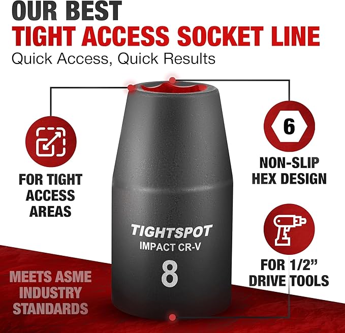 TIGHTSPOT 1/2 Inch Drive - 8mm Shallow Impact Socket with Anti-Rounding 6 Point Design, Heat-Treated CRV Steel, Metric