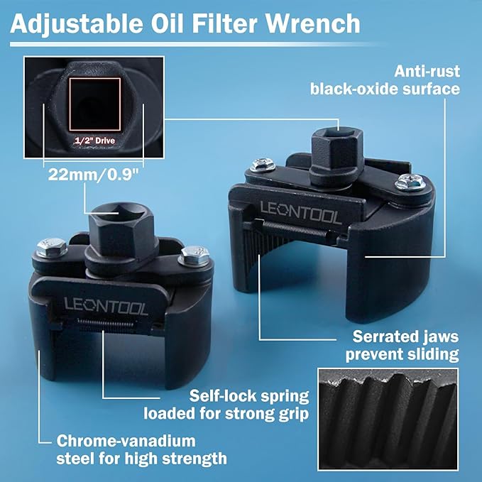 2Pcs Adjustable Oil Filter Wrench 2 Jaw 60-80mm & 80-105mm, Heavy Duty Oil Filter Wrench Removal Tool, Universal Oil Filter Cap socket Wrench Filter Housing Removal Tool, 1/2" Drive