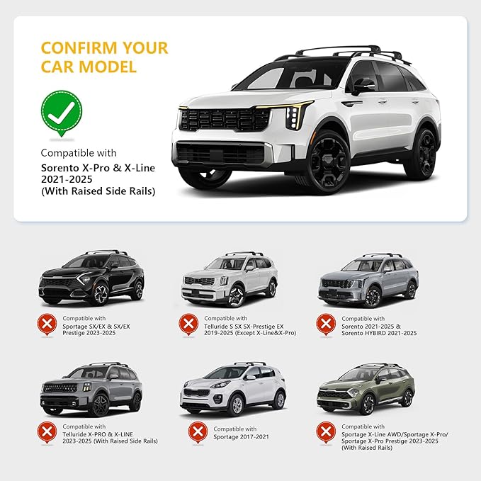 Roof Rack Cross Bars Compatible with Kia Sorento X-Pro & X-Line 2021-2025 (with Raised Side Rails), Heavy Duty 300 LBS Anti-Theft Lock Cargo Carrier Rooftop Crossbar for Bike, Basket Snowboard Luggage