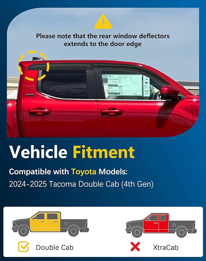 Shatterproof Tape-On Rain Guards for Toyota Tacoma 2024-2025 Double Cab, Out-Channel Window Deflectors Vent Window Visors Rain Sun Wind Guards Shade Deflectors, 4 pcs