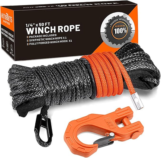 AUTOBOTS Synthetic Winch Rope 1/4" X 50 Ft, Max 9500lbs with Heavy Duty 3/8 Winch Hook, Protective Sleeve for Off Road Vehicle ATV UTV Orange