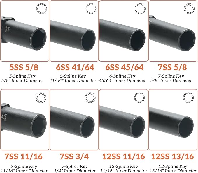 REBRA 6 Spline & 7 Spline Lug Nut Socket Set, Drive Wheel Lock Key, Locking Nut Removal Tool for Easy Installation on Aftermarket Rims (8-Pieces)