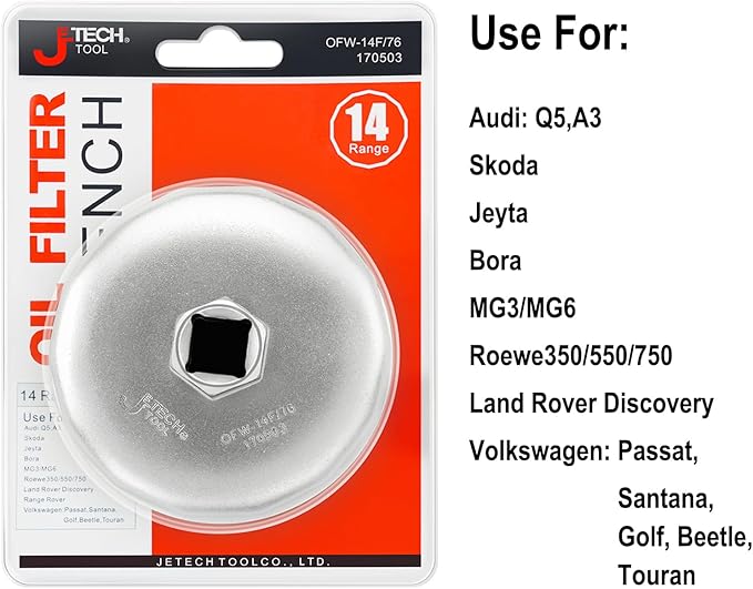 Jetech Oil Filter Cap Wrench with 76mm 14 Flute, Precision Machined Oil Filter Cap Remover Tool, Cartridge Type Oil Filter Socket Tool