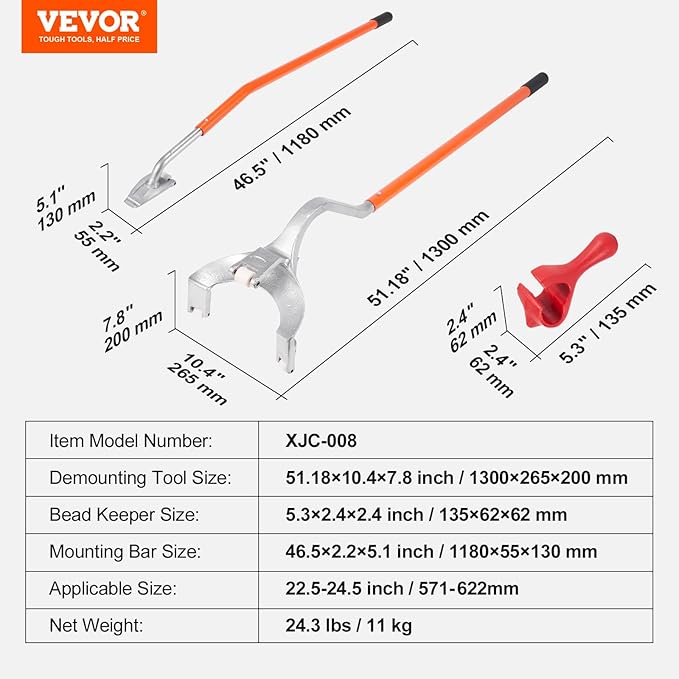 Vevor Tire Mount Demount Tool 22.5" to 24.5" Tire Changer Steel Bead Breaker Extra Bead Holder Tubeless Truck Manual Tire Changing Tools for Car Repairing(Red)