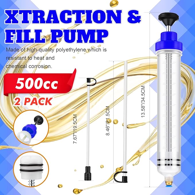 Lothee 2 Pack 500cc Automotive Fluid Extractor Pump Oil Extractor Hand Syringe Pump with Hose Manual Suction Vacuum Fuel Car Transfer for Power Steering, Hydraulic Fluid (Blue)