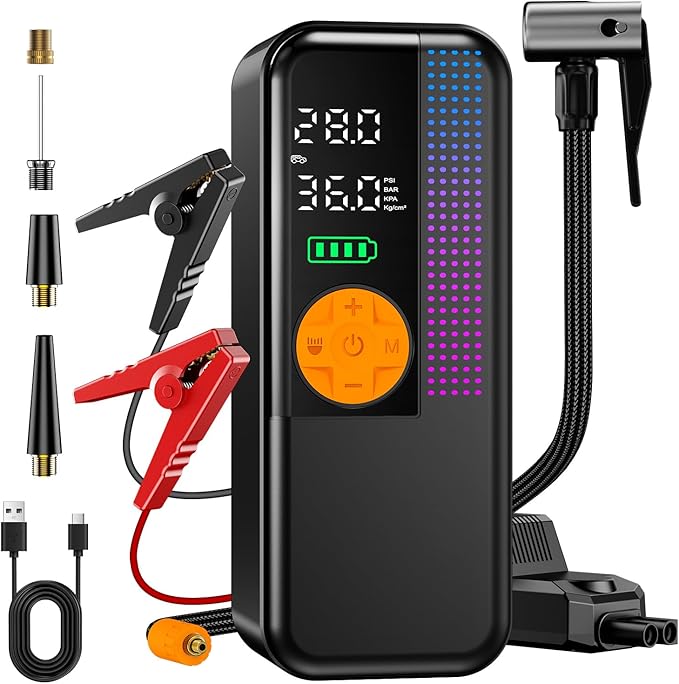 Jump Starter with Air Compressor,5500A Portable Car Battery Booster(All Gas & 10L Diesel) with 150PSI Cordless Auto Tire Inflator,15V Portable Car Battery Jump Starter Box with LCD Display LED Light