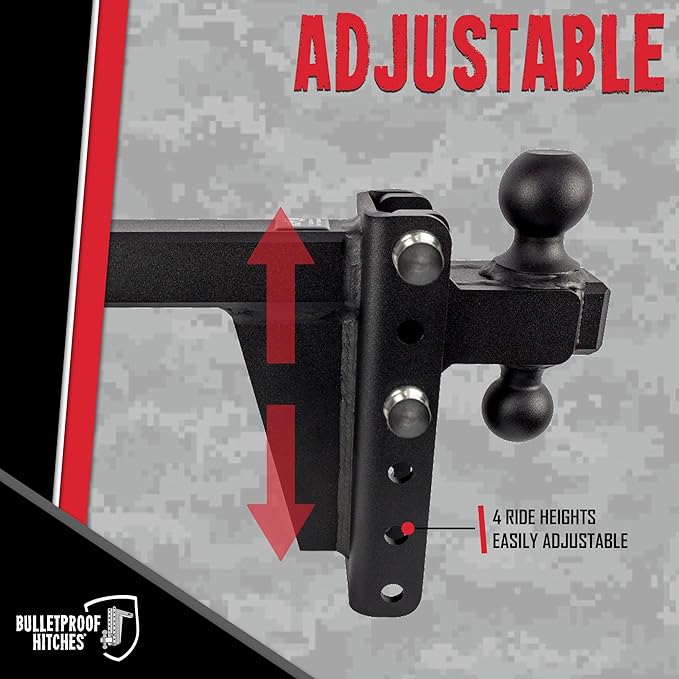 BulletProof Hitches - 2.0" Adjustable Extreme Duty Trailer Hitch (30,000 lb. Rating) - 6" Drop/Rise with 2" and 2 5/16" Dual Ball - Powder Coat, Solid Steel, Corrosion-Resistant