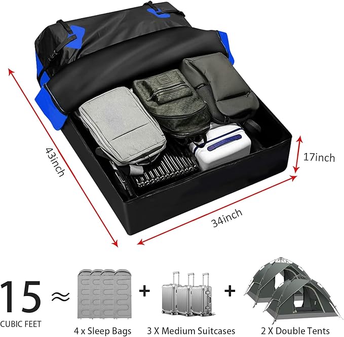 FORWODE 250LBS Universal Roof Rack Basket, 64"x39"x6" Rooftop Cargo Carrier Rack + Waterproof Cargo Bag 15 Cubic Feet(43"x34"x17") and Cargo Net