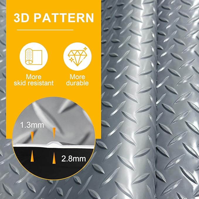 7.5x25 FT Garage Floor Mat, 2.8mm Thickened Flooring Roll for Under Car with 20Pcs Tapes, 188SQFT Diamond Plate Non-Slip Floor Protector Mat for Garage, Warehouse, Gyms, Trailer(Grey)