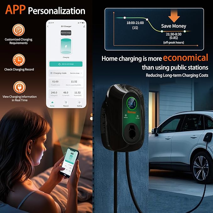 Romaa Level 2 EV Charger J1772 48A Hardwired 240V Home Charging Station - ETL Listed, FCC Part 15 -NEMA Type 4 IP66 - App WiFi Smart Display, 25 ft, Indoor Outdoor, 4.3 inch LCD, Black