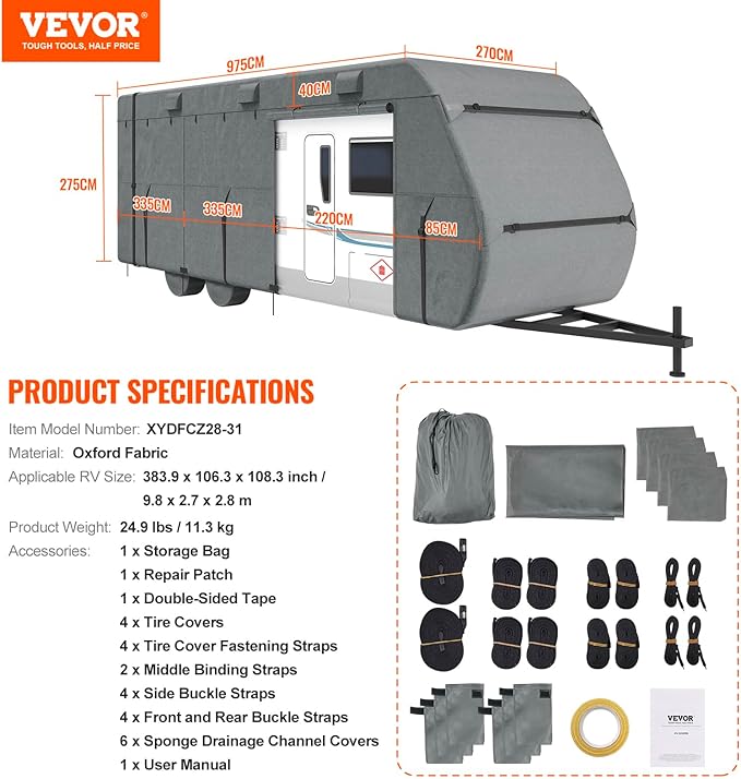 VEVOR Travel Trailer Cover, 28-31 ft RV Cover, Top 300D Oxford Fabric Camper Cover, Waterproof, Windproof and Rip-Stop Class A RV Cover, with Storage Bag, Repair Patches, Straps and Tire Covers