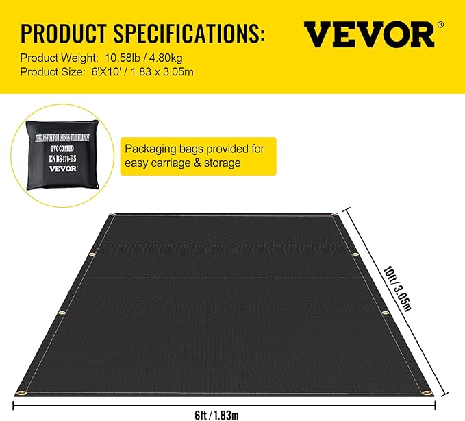 VEVOR Fire Blankets, 2 Pack Welding Blankets, 6' x 10' Fire Suppression Blanket, 1022 °F Flame Retardant Blanket, Black Fire Emergency Blankets, Fiberglass Fire Retardant Blanket with 8 Brass Grommets