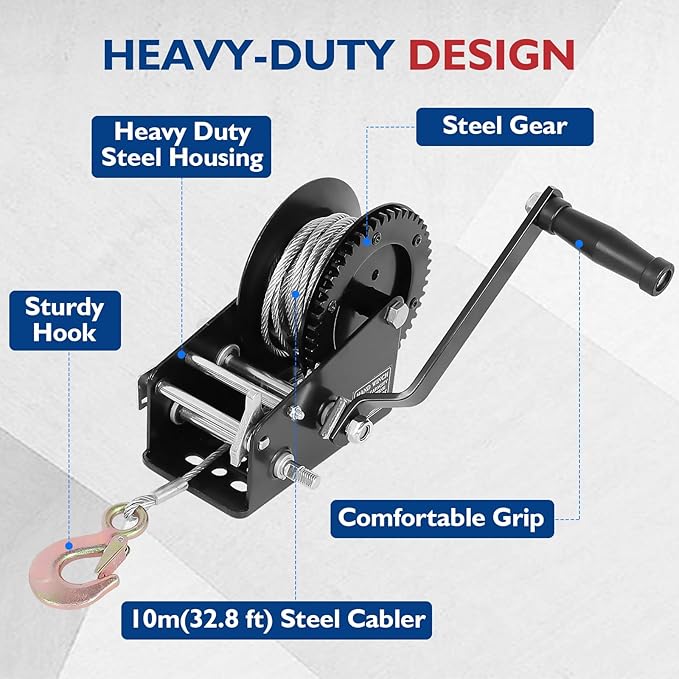 Heavy Duty Boat Trailer Winch – 3500LB Manual Hand Crank Winch with 32.8ft Steel Rope, Two-Speed (4:1 & 8:1), Powder Coated – for Boat, ATV, Utility Trailers