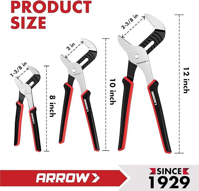 ARROW 3-Piece Groove Joint Pliers, 8", 10" & 12" Adjustable Water Pump Pliers with TPR Handle, High Carbon Steel Tongue and Groove Plier for Plumbing, Automotive and Household Repairs