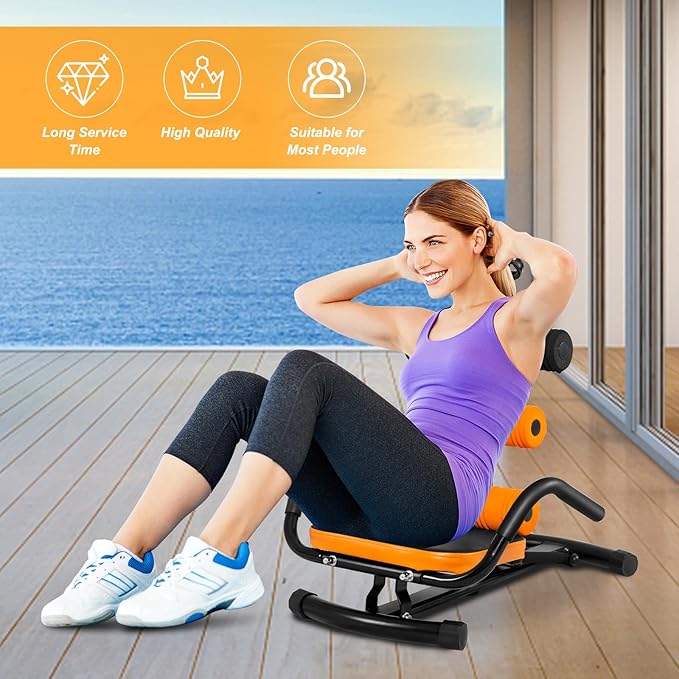 Ab Workout Machine, Height Adjustable Ab Rocker Trainer w/Ergonomic Curved Back, Cushioned Seat, Strong Spring Boost for Core Strength Training, Compact Sit Up Machine for Home Gym