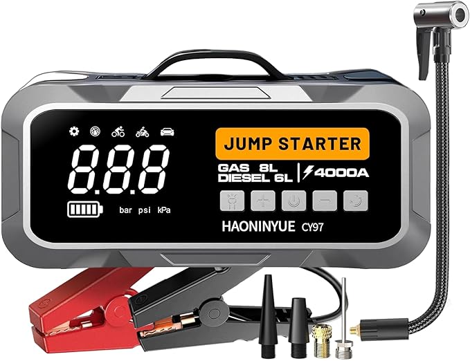 4000A Car Jump Starter with Air Compressor, 12000mAh&150PSI Portable Car Battery Jump Starter, 12V Jump Box Battery Pack (8L Gas 6L Diesel Engine) with Boost, LEDLight and Jumper Cables