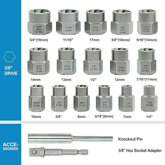 18-Piece Screw Puller Kit, Multi-Spline Hex Head, 3/8 Inch Drive Easy Removal Bolt Puller Kit for Removing Stripped, Rounded, Damaged, Broken, Screws and Bolts Removal Kit