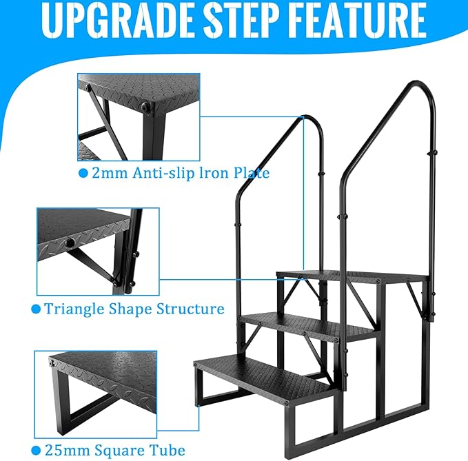 RV Step 3 Step Ladder, Upgrade RV Step with Handrails, Heavy Duty RV Stairs with Anti-Slip Pedal Hot Tub Steps, Removable Camper Step for Spa/Porch/Pet/Mobile Home（2 Handrails