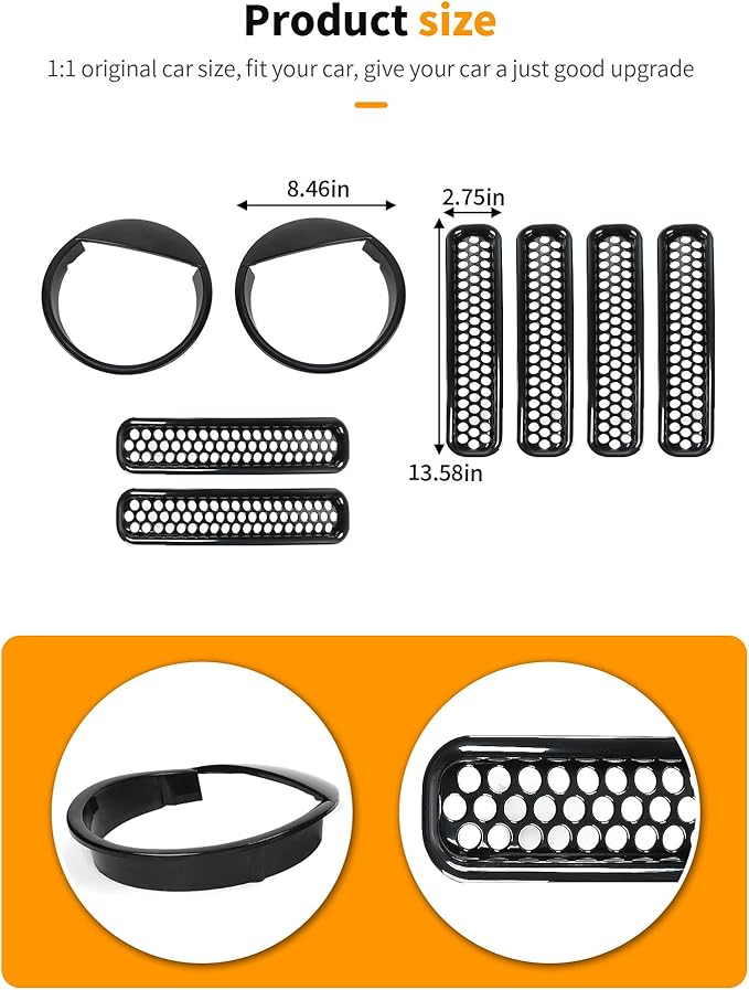 Hoolcar Grill Inserts Front Grille Mesh Cover Guard + Angry Eyes Front Headlight Trim Cover Frame for Jeep Wrangler TJ 1997-2006 Exterior Accessories