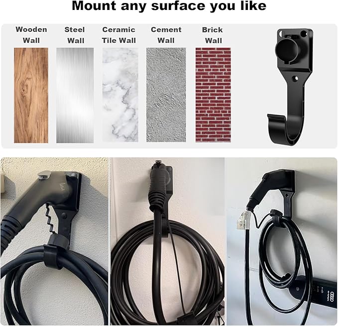 EV Charger Holder for SAE J1772 Charger, Wall-Mount Electric Vehicle Charger Holster with Hook for J1772 Connector, 3 pcs Screws, 3 pcs Wall Anchors, 3 pcs Dust Caps