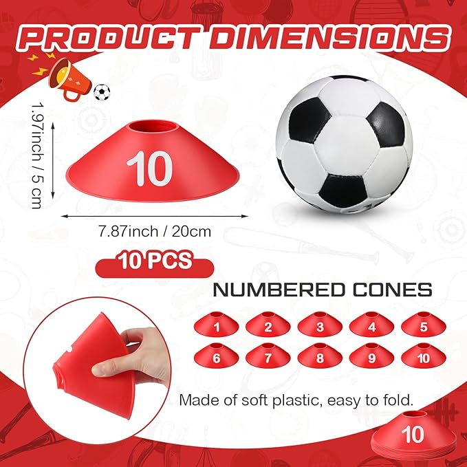 10 Pcs Numbered Sports Disc Cones 1-10 Soccer Cones with Mesh Carry Bag Flexible Agility Cones Soft Field Cones for Gym PE Classes School Activities Games, Sports Training Equipment
