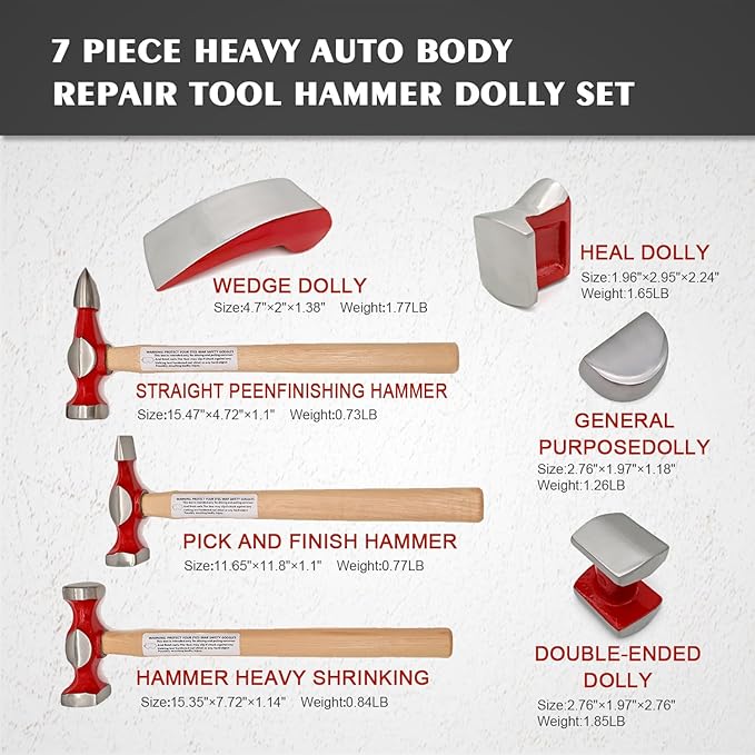 7 Piece Auto Body Repair Kit，Hammer and Dolly Tools with Carbon Steel on Wood Handles,Performance Heavy Duty Dollies Set,Roller Fixer Dent Remover Tool.