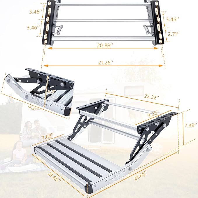 RV Steps, 1-Step, Manual Retractable RV Steps, 400 LBS Load Capacity, Foldable Aluminum Alloy Camper Steps, Thickened Steel Plate Trailer Steps, Non-Slip Design, Ideal for RV, Trailer, Camper