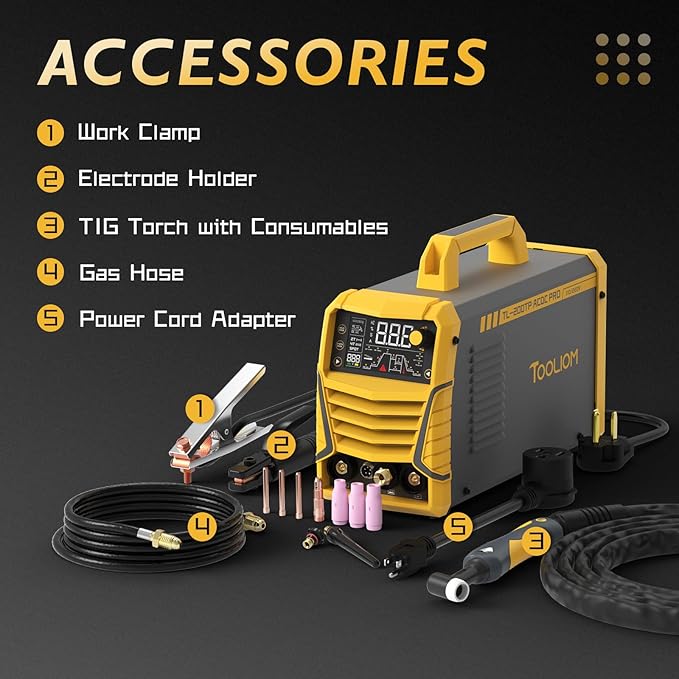 TOOLIOM 200A AC/DC TIG Welder with Pulse, Dual Voltage 110V/220V, Aluminum Welder with IGBT Inverter, Large LED Display, AC TIG/DC TIG/Pulse TIG/SPOT TIG/Stick Multiprocess Welding Machine