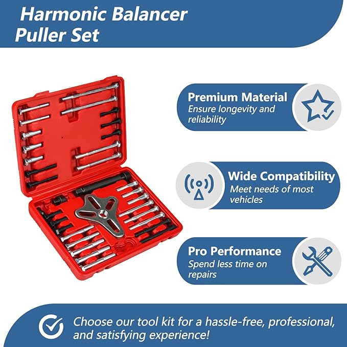46pcs Harmonic Balancer Puller Set Crankshaft Pulley Puller Steering Wheel Flywheel Power Steering Pulley Puller Installer Tool Set for Most Pickups, SUVs, Cars,