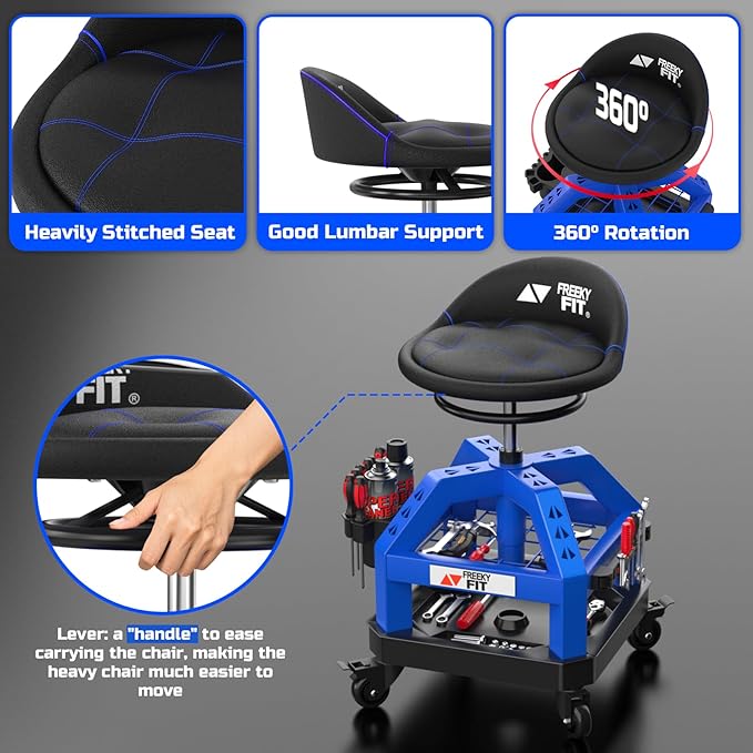 Rolling Shop Stool for Garage with Casters, DO02-Adjustable Height 360° Swivel Shop Seat with Tool Tray Storage, 330 LBS Capacity Padded Mechanic Stool, Magnetic Tool Hold, Heavy Duty, Blue