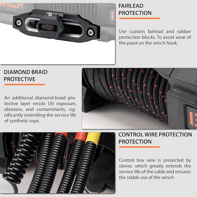 RUGCEL WINCH 12V EMCP Winch 13500lb New Waterproof Electric Synthetic Rope Jeep Winch with Hawse Fairlead,2 in 1 Infrared Remote Control,Dual Color Rope,for Truck SUV