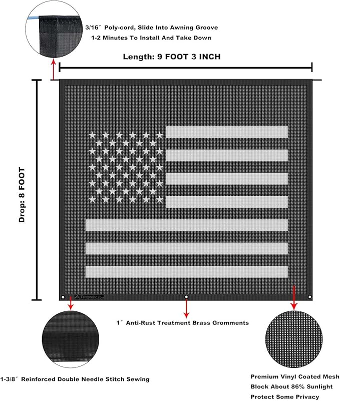 Tentproinc RV Awning Sun Shade Screen 8' X 9' 3'' (American Flag) Black Mesh Sunshade Camper Trailer Awning Shade Screen UV Blocker Completed Kits