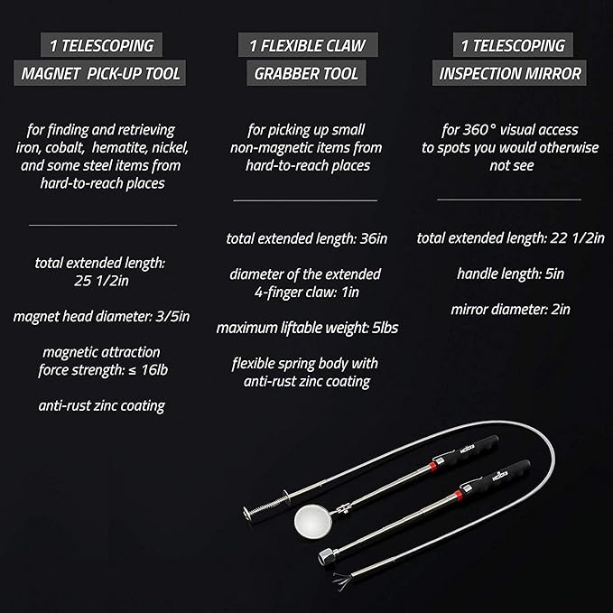 NoCry Premium Telescoping Magnetic Pickup Tool Set — Includes a 36in Flexible Claw Grabber Pickup Tool, a Magnet on a Stick with 16lb Pull Force, and a Magnetic Storage Tray