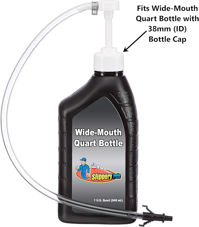 Slippery Pete - Fluid Pump for Wide-Mouth Quart Bottles - 8cc per Pump Stroke and 3rd Hand Adapter, Transfer Gear Oil, Transmission and Differential Fluid (38mm)