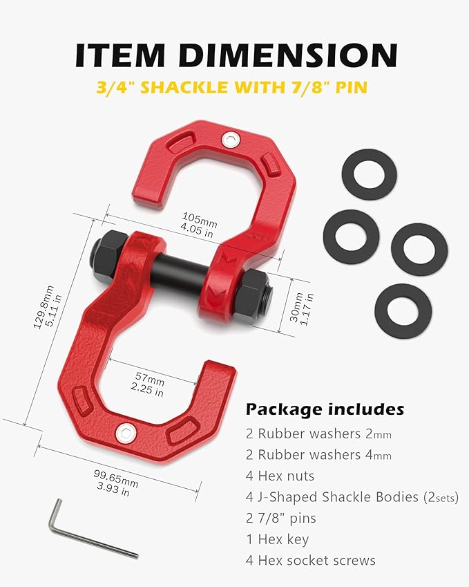 3/4" D-Ring Shackles, Heavy Duty Forged Steel Shackles with 7/8" Pin, Easy Open D-Ring Shackles Towing Winch Hooks for Recovery, Trucks, SUV, ATV, UTV, Off-Road Vehicles, Red Red