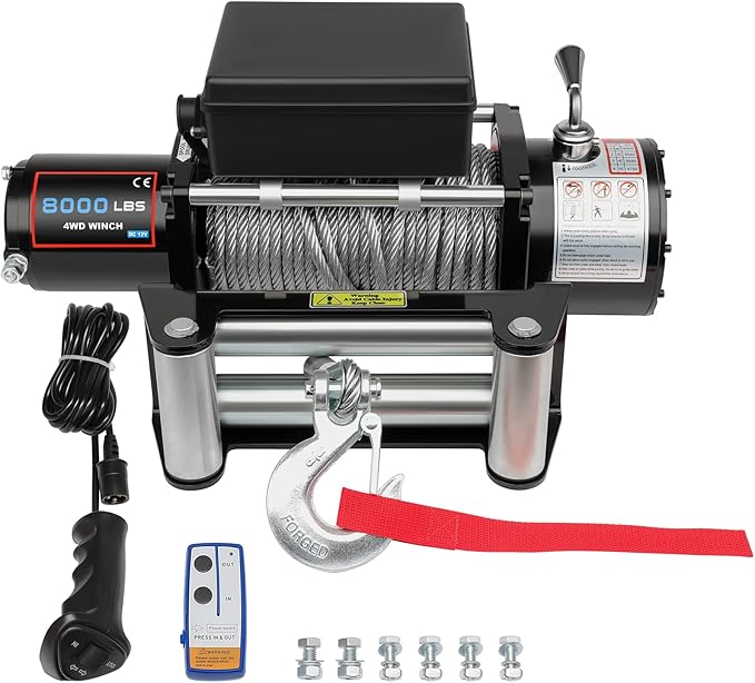 8000LBS electric winch kit, 8000LBS ATV winch UTV Truck winch, 12V winch 8000LBS Steel Cable Winch, with Wireless and Hand Remote Controller & Control Box Assembly & 4-way Roller Fairlead