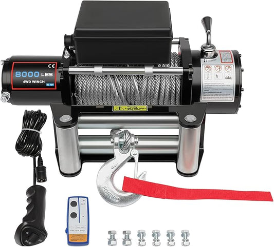 8000LBS electric winch kit, 8000LBS ATV winch UTV Truck winch, 12V winch 8000LBS Steel Cable Winch, with Wireless and Hand Remote Controller & Control Box Assembly & 4-way Roller Fairlead