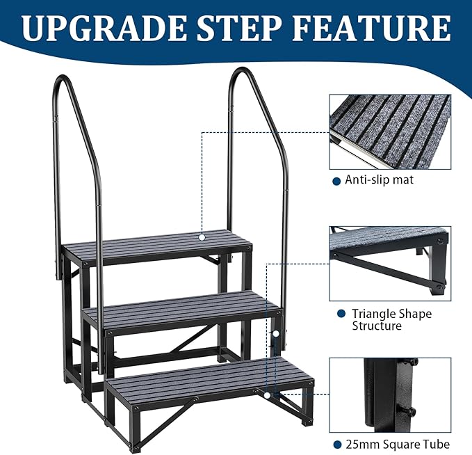 RV Steps with Handrail, Spa Steps Hot Tub Steps Trailer Steps Mobile Home Stairs for Camper, Hot Tub, Trailer with Anti-Slip Mats