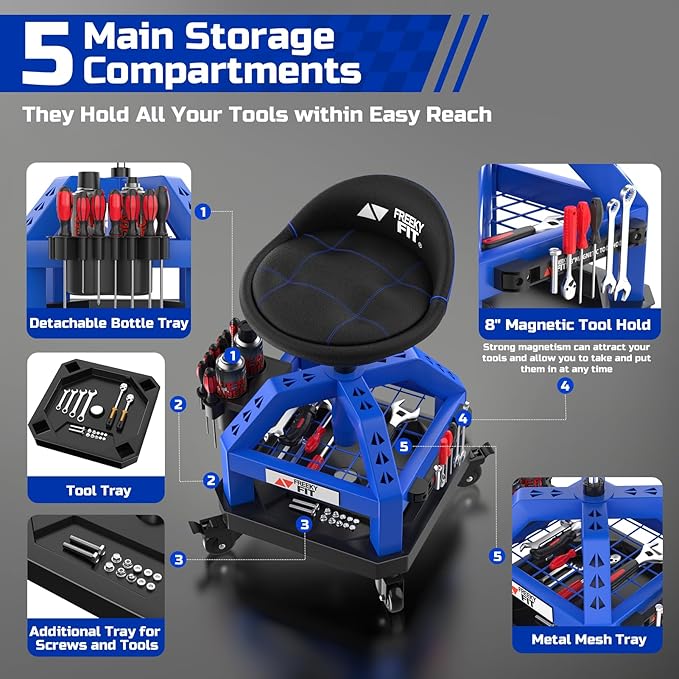 Rolling Shop Stool for Garage with Casters, DO02-Adjustable Height 360° Swivel Shop Seat with Tool Tray Storage, 330 LBS Capacity Padded Mechanic Stool, Magnetic Tool Hold, Heavy Duty, Blue