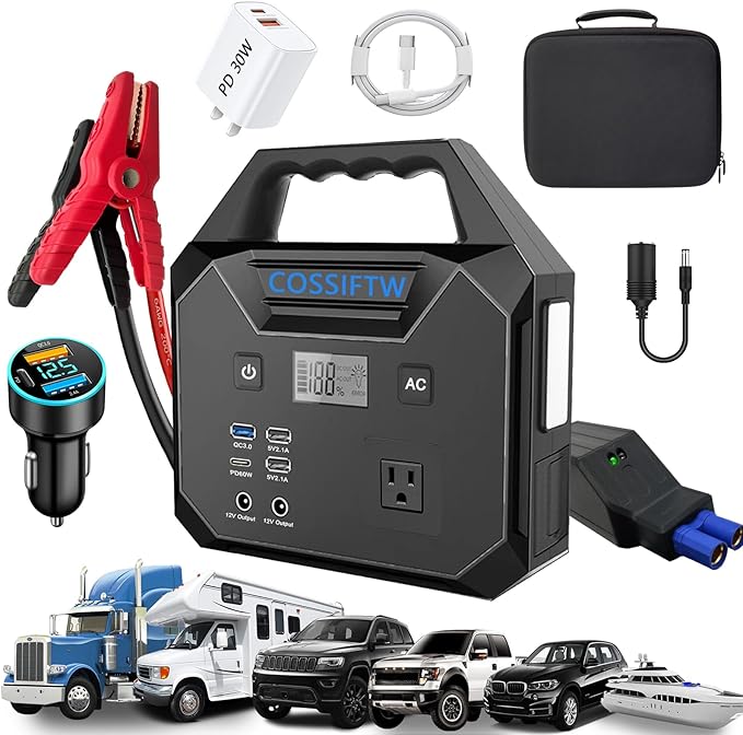 10000A Heavy Duty Jump Starter AC 200W Generator 130wh Jump Booster PD 60W Two-Way Fast-Charging for All 12V Gas & up to 15L Diesel Engine Good All for Truck RV Yacht Lawn Mower Mining Truck