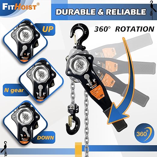 1 Ton Chain Hoist 2200LBS Capacity 10Ft Lift Manual Lever Chain Hoist Manganese Steel G80 Chain w/ 2 Heavy Duty Hooks, for Open-Air and Confined Space Lifting
