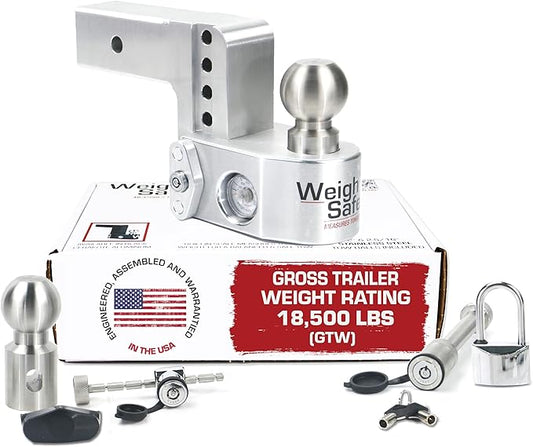 Weigh Safe Aluminum Adjustable Trailer Hitch - Towing Hitch with Built-In Tongue Weight Scale - Compatible with 2.5" Receivers - 4" Drop, Stainless Steel Tow Balls, 18,500 GTW, 4-Piece Lock Set