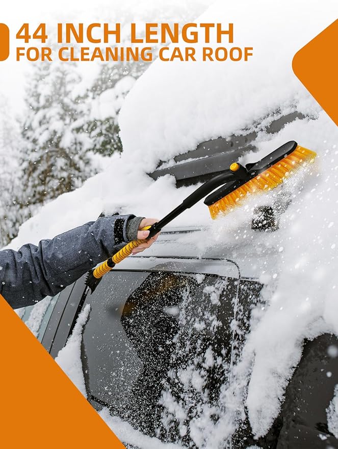 44" Snow Brush and Ice Scraper for Car Windshield, Extendable Snow Brush 360° Rotating Snow Removal Tool with Comfortable Foam Grip for Truck Vehicle Automobile Car (Yellow)