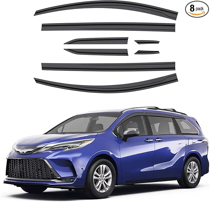 ACLONG Black Rain Guards Fit for Toyota Sienna 2021 2022 2023 Tape-On Side Shatterproof Window Visor Window Deflectors, Rain Visors, 8-Piece Set