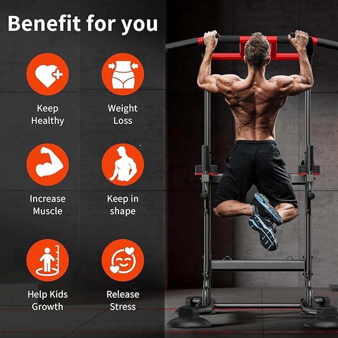 SogesHome Pull Up Bar and Dip Station, Heavy Duty Adjustable Home Gym Equipment for Strength Training, Multifunctional Workout Bar with Resistance Bands – Full Body & Core Exercise