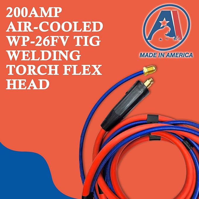 200Amp Air-cooled WP-26FV Tig Welding Torch Flex Head - Complete Package with 15-ft Power Cable Hose, Gas Lens, Ceramic Cup, Power Cable Connector and Torch Accessories
